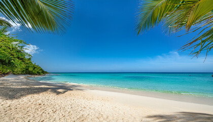 Obraz premium a stunning view of a sandy beach with palm leaves turquoise waters and a clear blue sky providing a tropical paradise