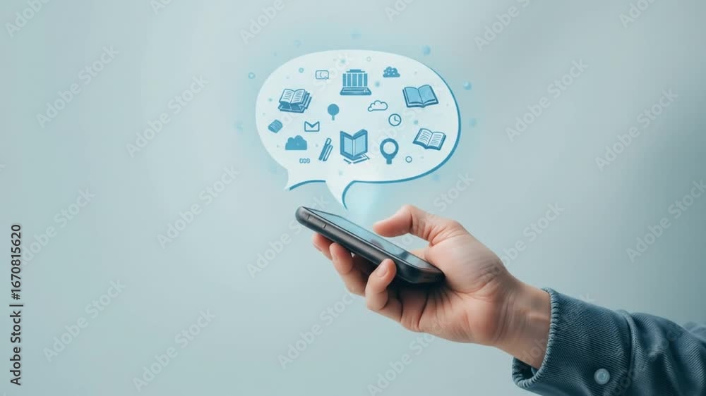 Poster person holding smartphone with book icon floating around speech bubble in digital learning concept. 
