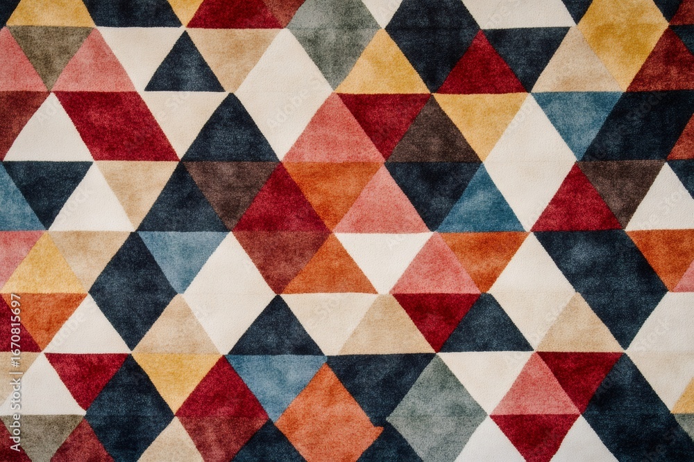 Poster close up view of a vibrant carpet showcasing a seamless pattern of equilateral triangles in various 