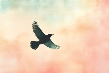 Obraz premium Minimalist watercolor painting of a bird flying in a colorful sky with soft orange, yellow and green hues