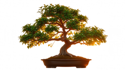 A beautiful bonsai tree stands tall bathed in warm sunlight as it casts gentle shadows on the ground creating a peaceful atmosphere in the evening