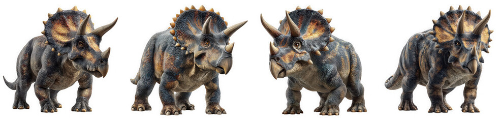 Four triceratops dinosaurs with textured skin and horns, isolated on transparent background