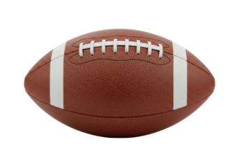Isolated American football close up with laces and white stripes for use as sports equipment