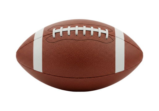 Isolated American football close up with laces and white stripes for use as sports equipment