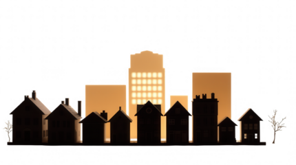 Silhouettes of various house shapes and tall buildings are illuminated by a warm orange light indicating either sunrise or sunset in an urban setting