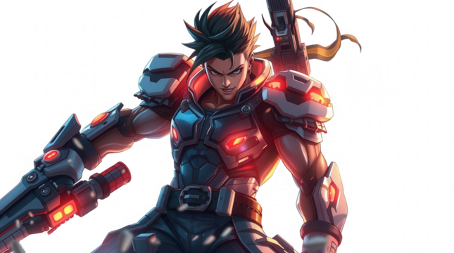 A strong armored fighter stands confidently gripping a futuristic weapon exuding an aura of power and determination in a high tech setting