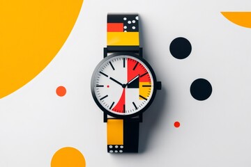 Obraz premium Stylish wristwatch with bauhaus design and geometric shapes on background representing modern art and minimalist style