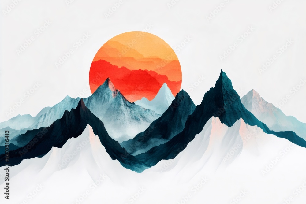 Poster modern minimalist design of a mountain range with setting sun, creating a serene and peaceful atmosp