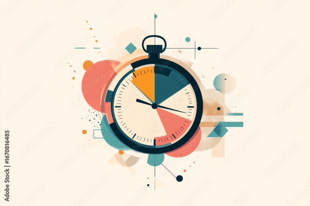 Poster stopwatch with its dial divided into colored sections is ticking surrounded by abstract geometric sh