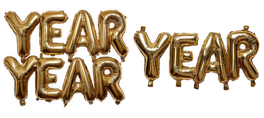 Naklejka premium Four gold foil balloons spelling out the word year twice, isolated on a transparent background
