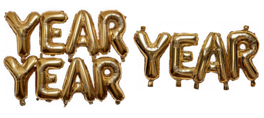 Four gold foil balloons spelling out the word year twice, isolated on a transparent background