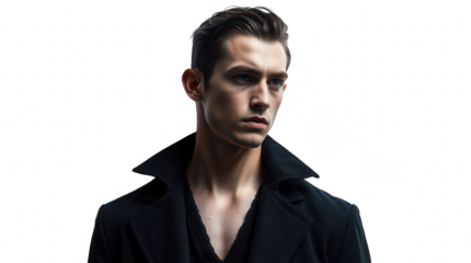 A man stands confidently in a black coat displaying a serious expression and modern fashion sense. The stark white background enhances his edgy look and style