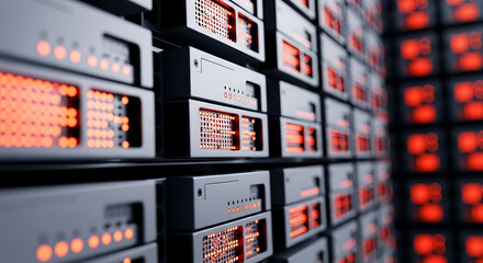 Data servers glowing with vibrant orange lights, representing modern technology and secure digital infrastructure for businesses and networks