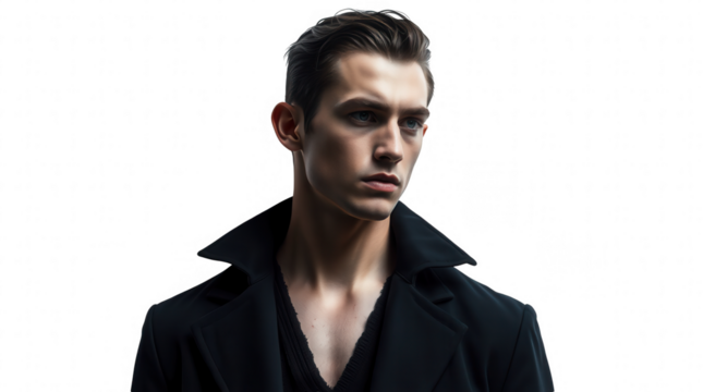 A man stands confidently in a black coat displaying a serious expression and modern fashion sense. The stark white background enhances his edgy look and style - Powered by Adobe