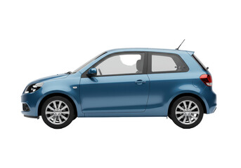 Isolated small blue compact car 3D rendering side view generic transportation vehicle