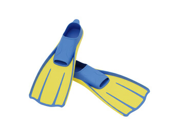 Isolated pair of blue and yellow swim fins for swimming activities, water sports and beach fun