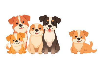 Obraz premium Five cute cartoon puppies with different fur patterns sit together showcasing their playful expressions in a vibrant and colorful environment
