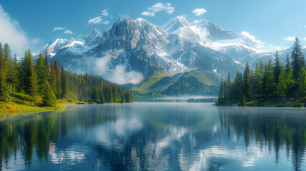 Lake Reflection of Snow-Capped Mountains and Evergreen Trees