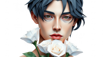 A young man with defined features showcases white roses evoking a sense of calm and aesthetic beauty in his relaxed expression and demeanor
