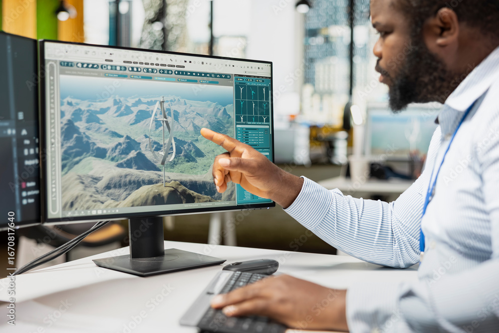 Poster close up of engineer analyzing advanced wind turbine models to improve efficiency and environmental 