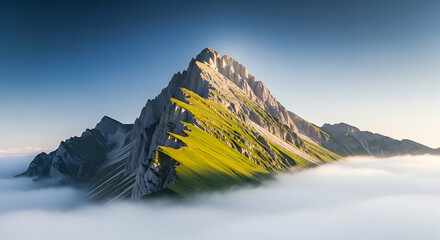 Majestic mountain peak piercing through the clouds, a stunning landscape for travel and adventure, breathtaking views