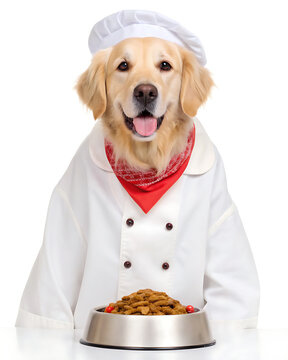 Naklejki Golden retriever chef with a chef hat and chef coat presenting a bowl of dog food on a white background