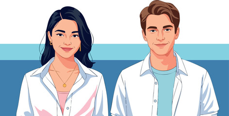 Fototapeta premium Young man and woman wearing casual clothes standing side by side smiling in modern vector style
