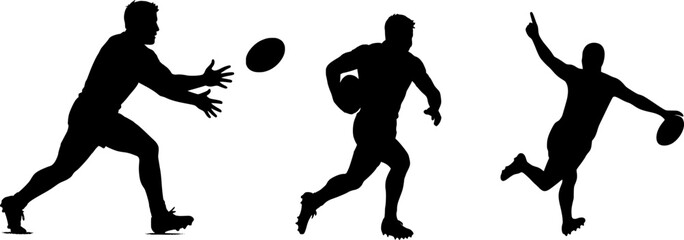 Set of 3 rugby vector silhouettes: players running, passing, tackling, and scoring tries. Perfect for sports illustrations, tournament graphics, and team logos