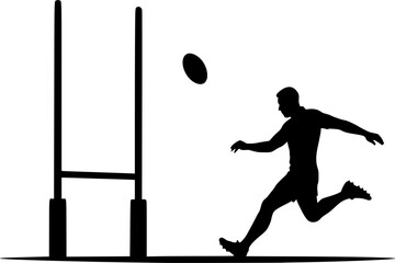 Minimalist rugby goalposts with player silhouette, black and white vector sports icon