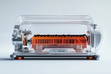 Obraz premium Cross-section of an electric vehicle battery pack with cooling, management system, and labeled technical components. White background.