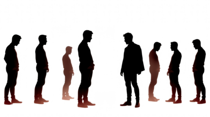 Groups of shadowy male figures interact in a thoughtful manner symbolizing communication and collaboration within a minimalist environment