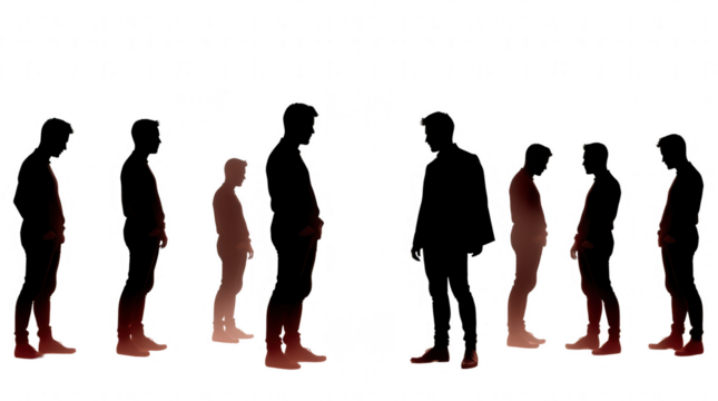 Groups of shadowy male figures interact in a thoughtful manner symbolizing communication and collaboration within a minimalist environment