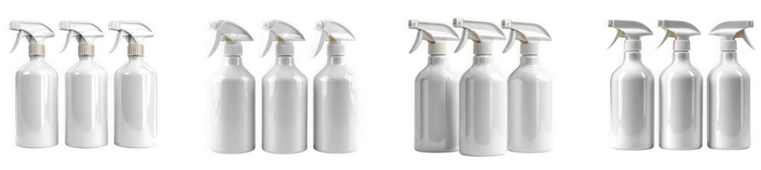 Group of white spray bottles with trigger sprayers, isolated on transparent background