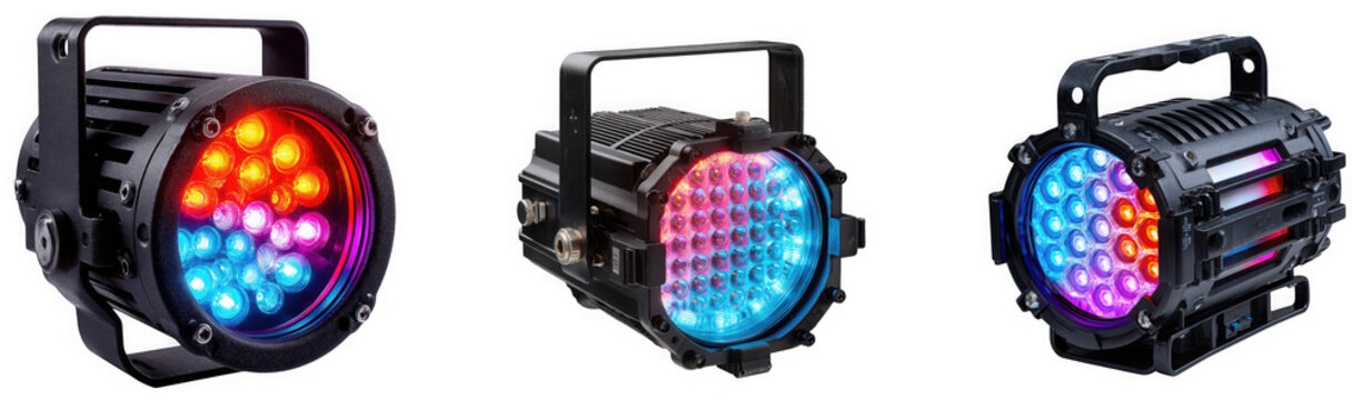 Three modern stage lighting par cans with colorful led lights, isolated on transparent background