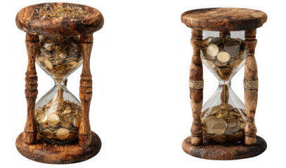 Two antique wooden hourglasses filled with coins, isolated on transparent background