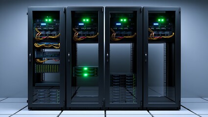 Modern server racks with glowing green lights in a data center room