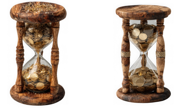 Two antique wooden hourglasses filled with coins, isolated on transparent background