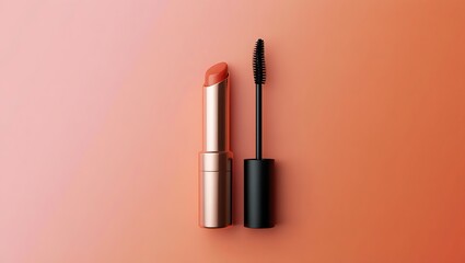 Elegant mascara wand and brush with soft pink and orange gradient background beauty product