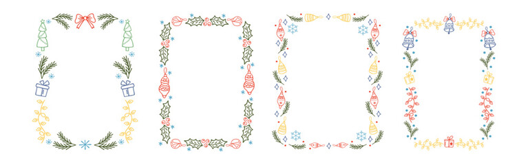 Set of Christmas doodle frames. Hand drawn design with festive elements including bells, bows, fir trees and holly for a festive feel.