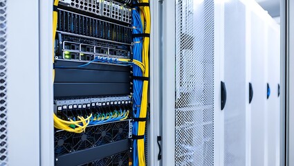 Close up of neatly organized server rack with colorful cables and blinking lights in data center