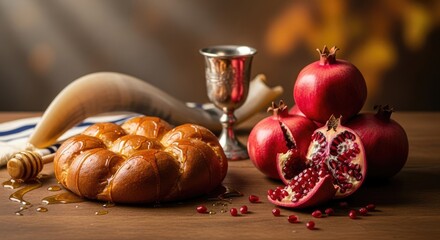 Rosh Hashanah Jewish New Year shana tova festive table with round challah bread honey pomegranates shofar and silver cup on wooden surface