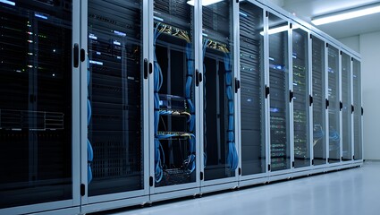 Modern data center server racks with blue led lighting creating a high-tech digital atmosphere