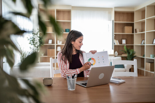 Businesswoman showing charts during online meeting at home office