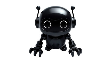 A charming black robot features large eyes and antennae sitting with robotic claws showcasing a futuristic design in a contemporary environment