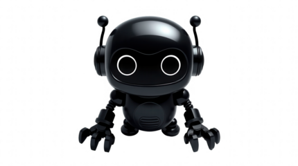 A charming black robot features large eyes and antennae sitting with robotic claws showcasing a futuristic design in a contemporary environment