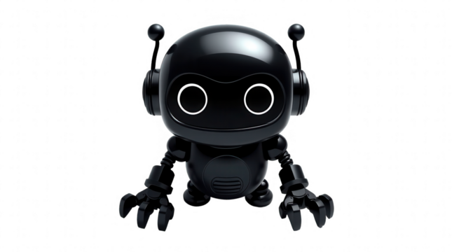 A charming black robot features large eyes and antennae sitting with robotic claws showcasing a futuristic design in a contemporary environment