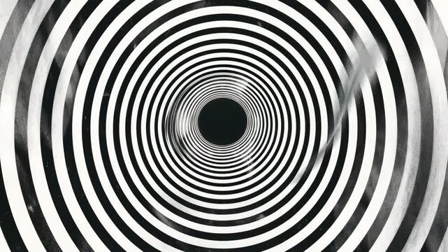 A hypnotic black and white spiral pattern viewed from a central angle, creating a tunnel effect. Ideal for a retro or psychedelic video backdrop. Live desktop wallpaper.