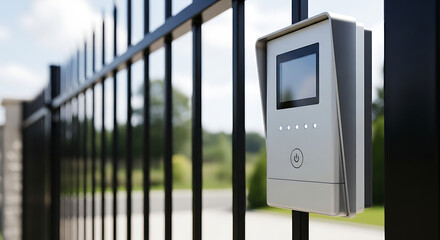 Modern smart home access control system with video intercom, secure gate, and sleek technology design for property security
