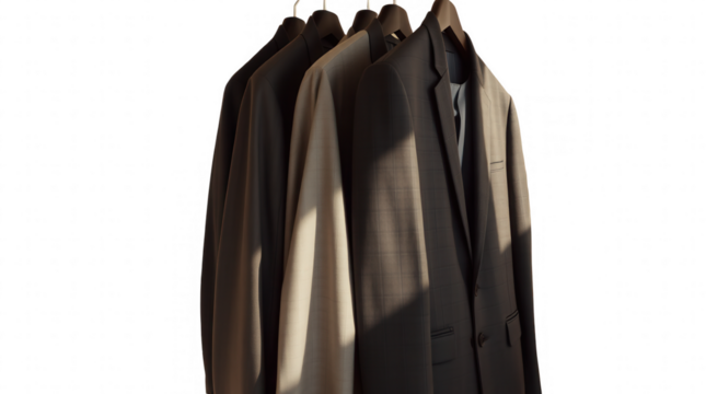 Four tailored suit jackets hang on wooden hangers showcasing various shades and textures. The sunlight casts soft shadows enhancing their sophistication