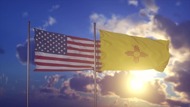 Flags of the United States and New Mexico Waving at Sunset Sky
